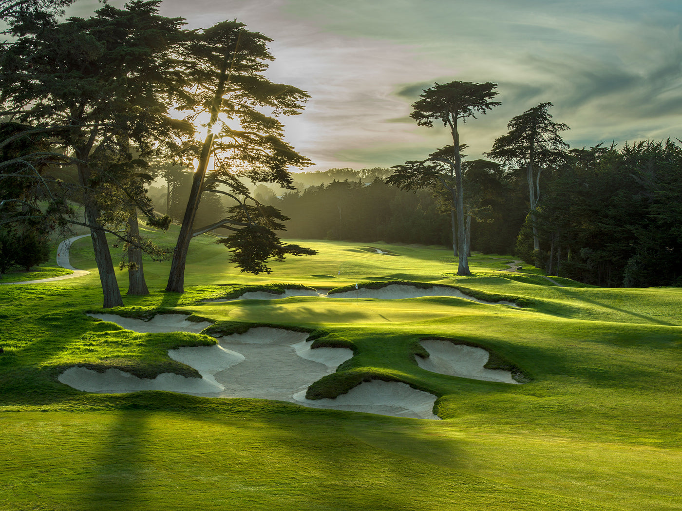 The late afternoon light streaming through the trees on the 3rd hole of The California Golf Club aka The Cal Club.  